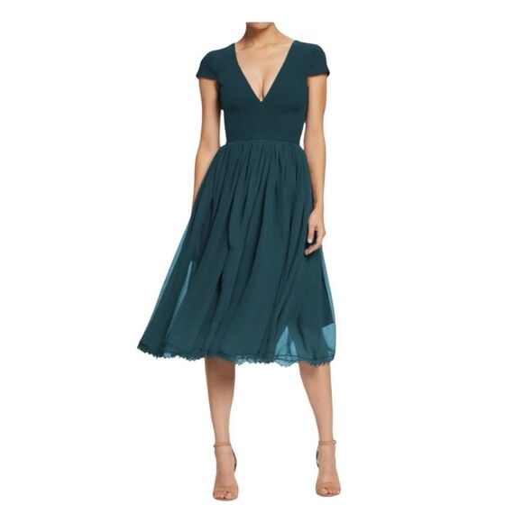 Dress The Population Corey Cocktail Midi Dress Pine Green Chiffon XXL - Picture 1 of 10
